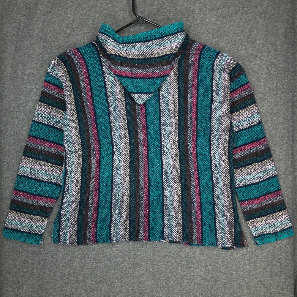 Vintage Drug Rug Pullover Hoodie Hippie Grunge Surf Boho Jacket Adult XL Teal - Picture 2 of 11